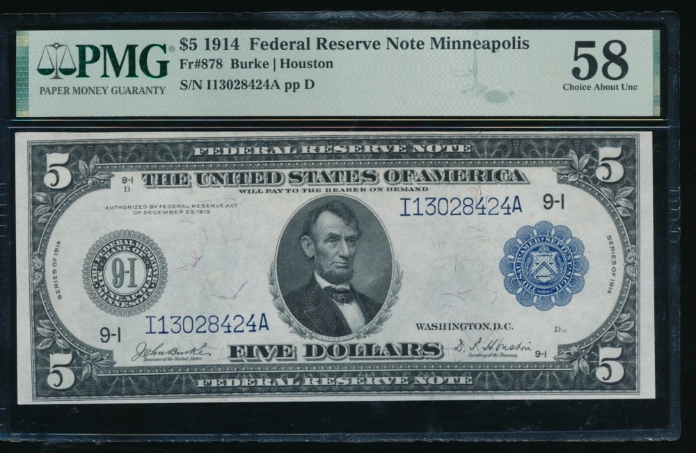 1914 $5 Minneapolis FRN PMG 58 (1 of 2)