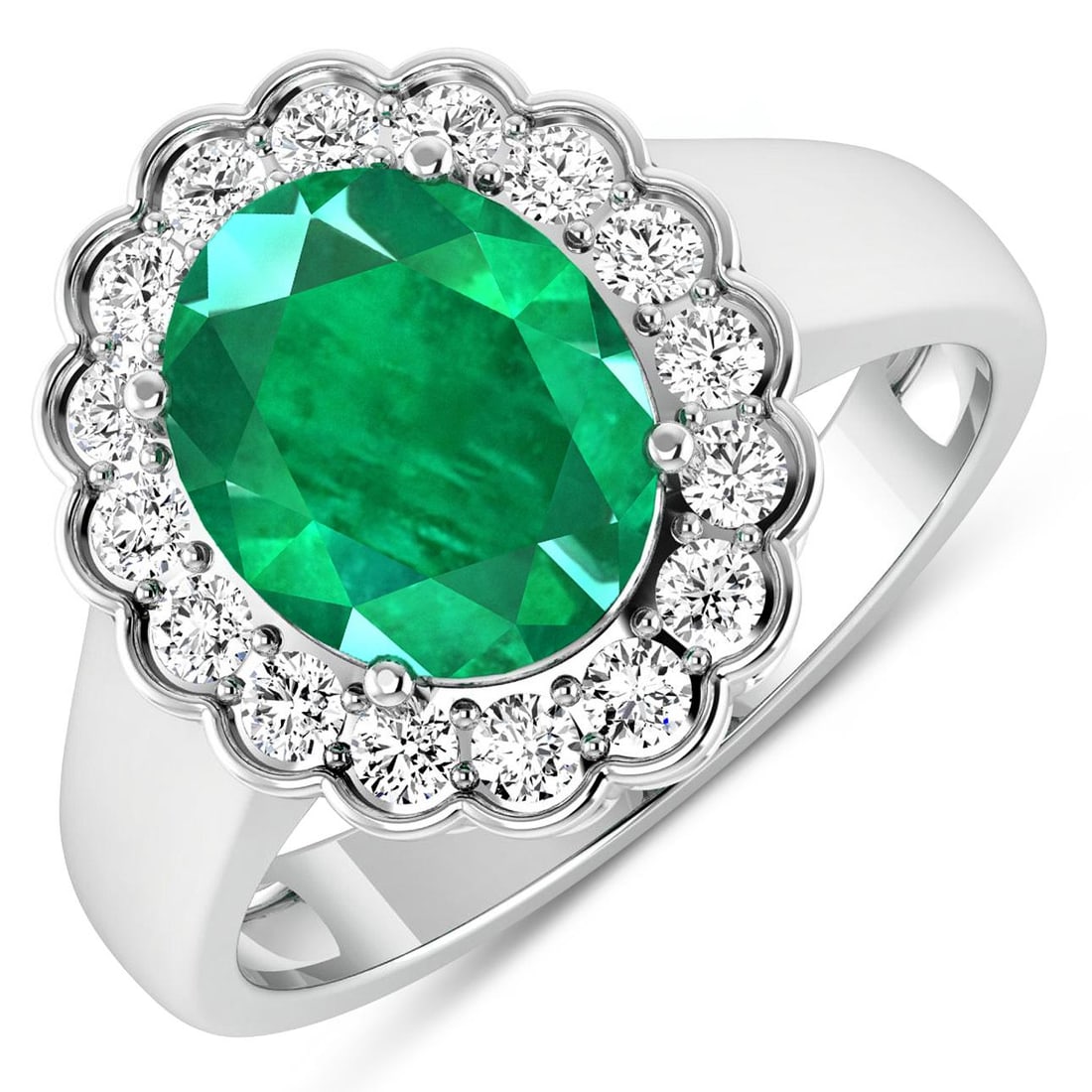 14KT White Gold 2.03ctw Zambian Emerald and Diamond Ring: Zambian Emerald (AA) Oval 10x8mm - 1Pc + White Diamond F/C Round 2.00mm - 16Pcs ( SI-2/HI ) Total weight of gemstone is 2.03cts. Total Diamond weight is 0.48cts. Total weight of this ring is 3.93 gram
