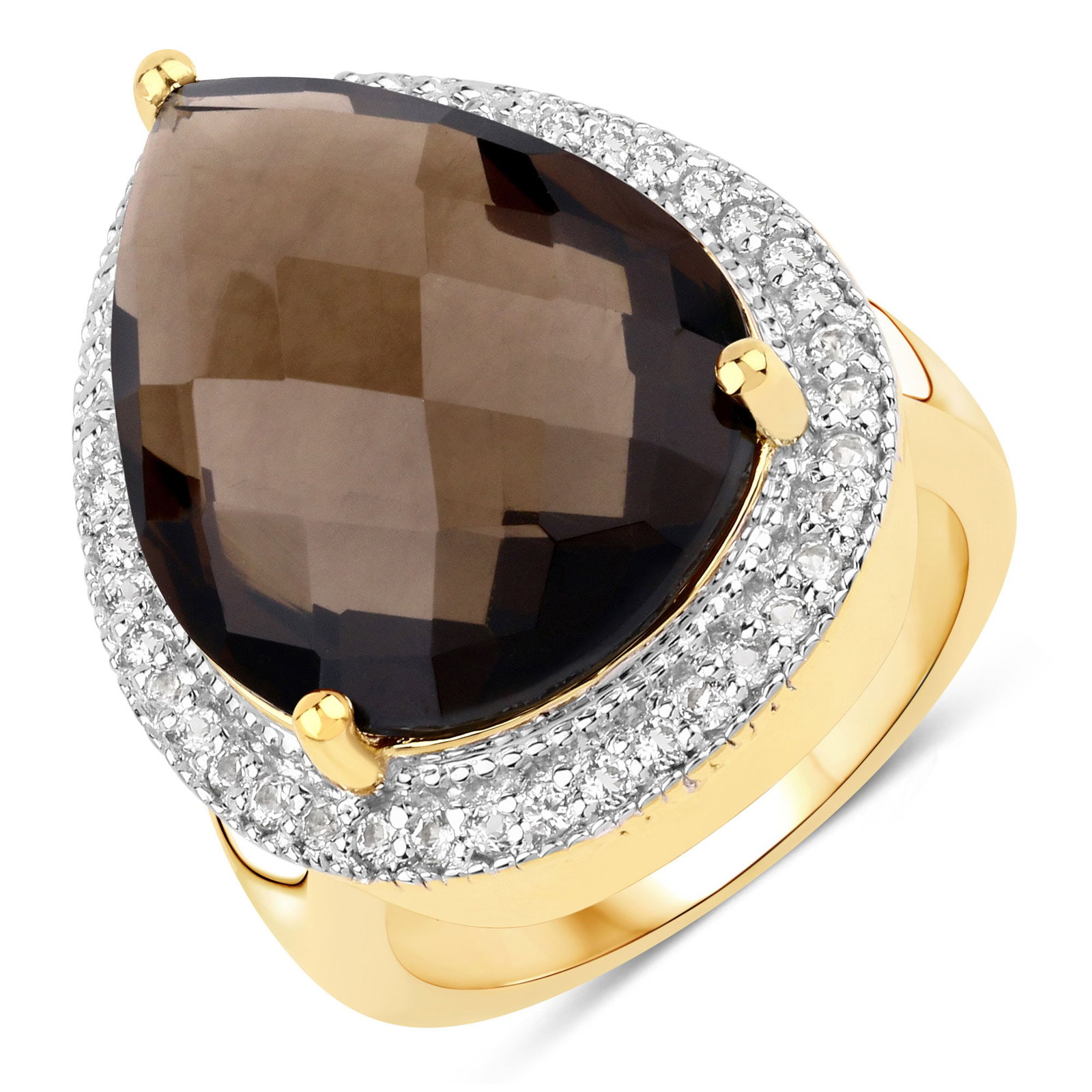 Plated 18KT Yellow Gold 14.25ctw Smoky Quartz and White Topaz Ring: 20x15mm pear cut smoky quartz (13.80ctw) anchors this 18K yellow gold plated .925 sterling silver halo ring, accented by thirty 1.20- 1.30mm round white topaz stones (0.45ctw) for a total of 14.25ctw 