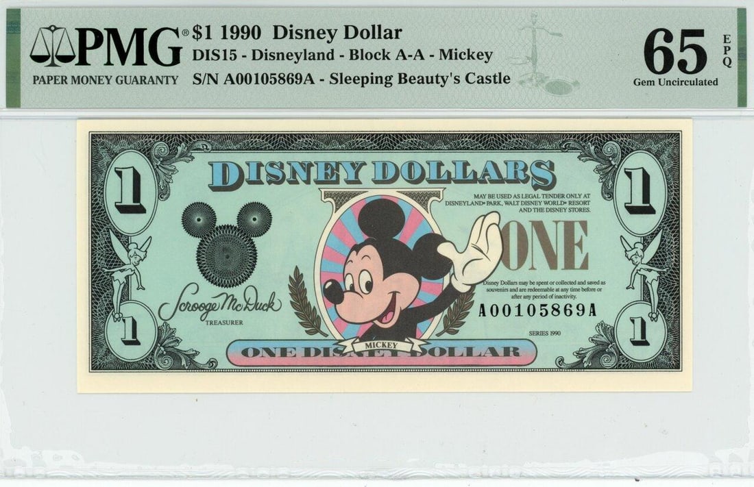 1990 $1 Mickey Disney Dollar PMG 65EPQ: One 1990 $1 Mickey Disney Dollar PMG 65EPQ.