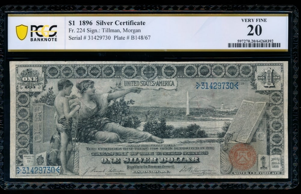 1896 $1 Educational Silver Certificate PCGS 20: One 1896 $1 Educational Silver Certificate PCGS 20.