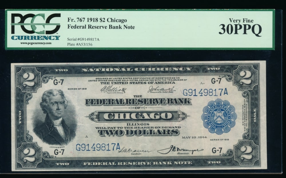 1918 $2 Chicago FRBN PCGS 30PPQ: One 1918 $2 Chicago FRBN PCGS 30PPQ.