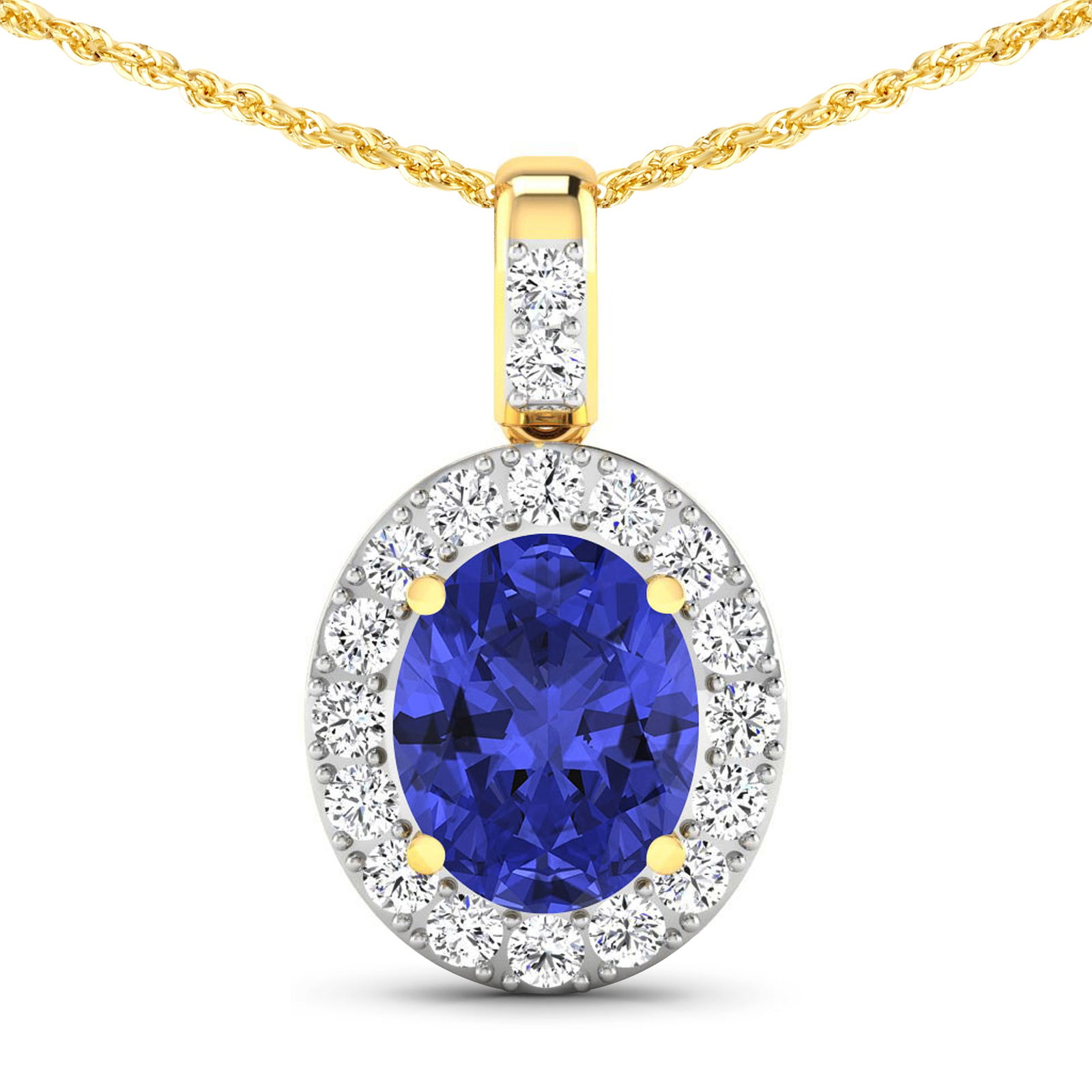 14KT Yellow Gold 2.5ctw Tanzanite and Diamond Pendant: Tanzanite (AA+) Oval 10x8mm - 1Pc + White Diamond F/C Round 2.00mm - 18Pcs ( Diamond Quality : SI-2/HI ) Total weight of gemstone is 2.5cts. Total Diamond weight is 0.54cts. Total weight of this penda