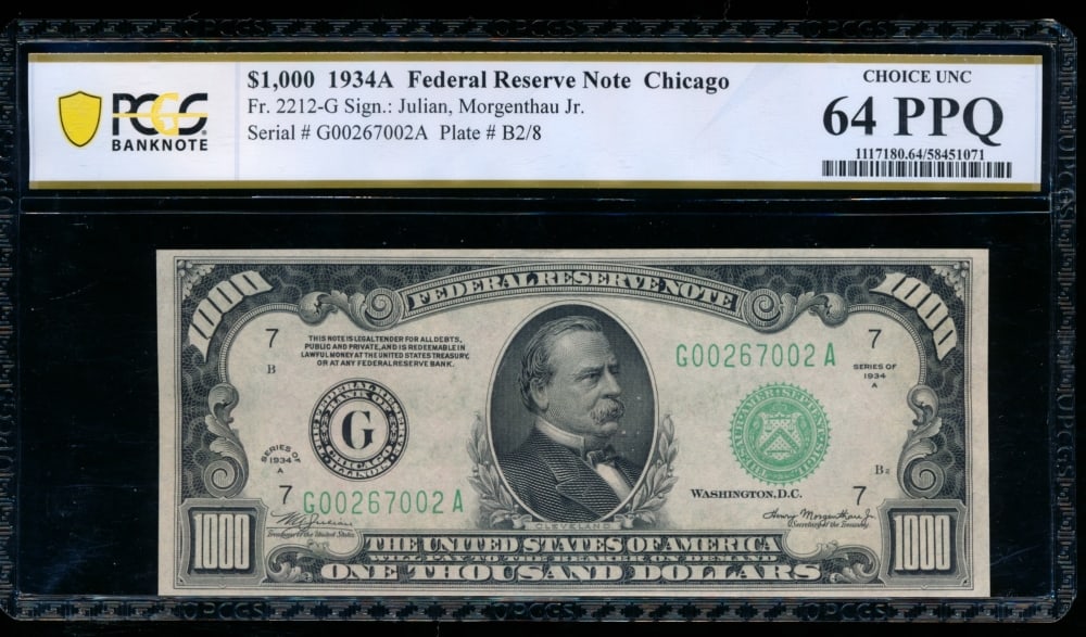 1934A $1000 Chicago FRN PCGS 64PPQ: One 1934A $1000 Chicago FRN PCGS 64PPQ.