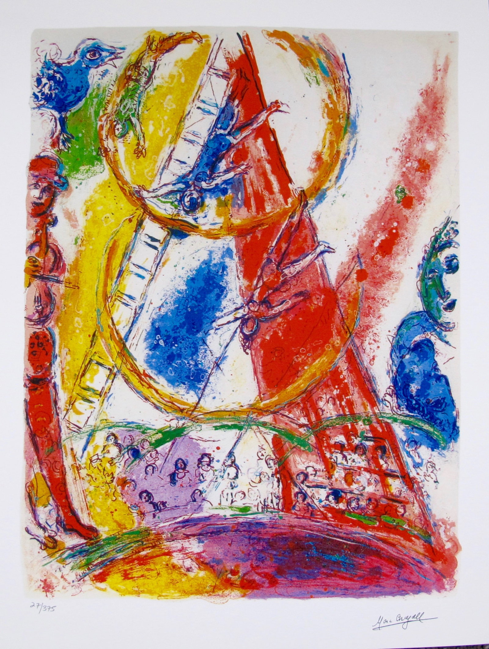 Marc Chagall CIRCUS III Facsimile Signed Limited Edition Giclee: This is a Marc Chagall limited edition small giclee titled CIRCUS III. This giclee is facsimile signed on the lower right and is pencil numbered on the lower left from an edition of 375. Paper measure
