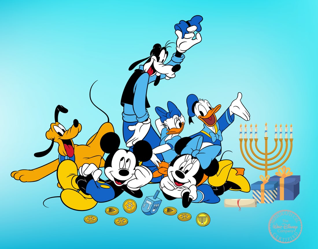 DISNEY HANUKKAH Mickey Minnie Goofy Pluto Sericel Animation Art Cel: This is a limited edition serigraph cel of Disney Hanukkah. This sericel features Mickey Mouse, Minnie Mouse, Pluto, Goofy, Donald Duck and Daisy Duck celebrating the holiday. Disneys own artists have