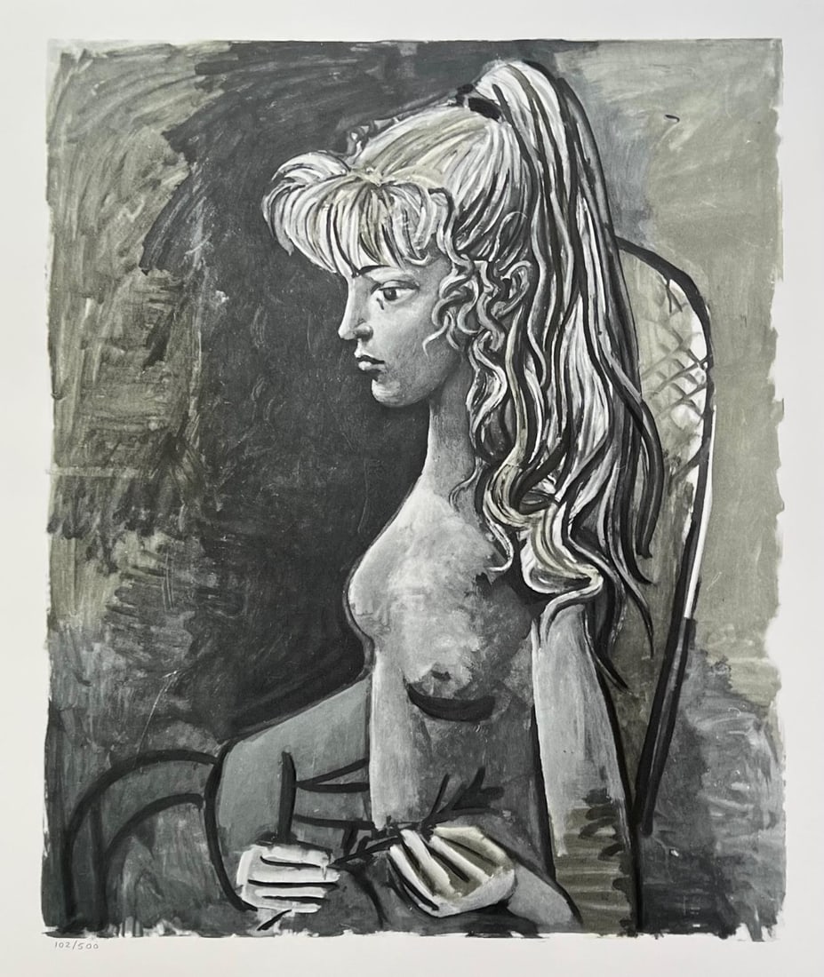 Pablo Picasso SYLVETTE AU FAUTEUIL 1980 Limited Edition Lithograph: This is a 1980 Pablo Picasso lithograph titled Sylvette Au Fauteuil. Pencil numbered from a limited edition of 500. Paper measures 27 inches x 20 inches. Image measures 20 inches x 17 inches. Printed 