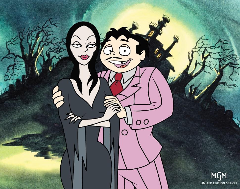 Addams Family Morticia Gomez Sericel Animation Art Cel: This is a rare limited edition sericel titled The Addams Family. The first animated series ran on NBC on Saturday mornings from 1973 to 1975 . The image features animated versions of Morticia and Gome