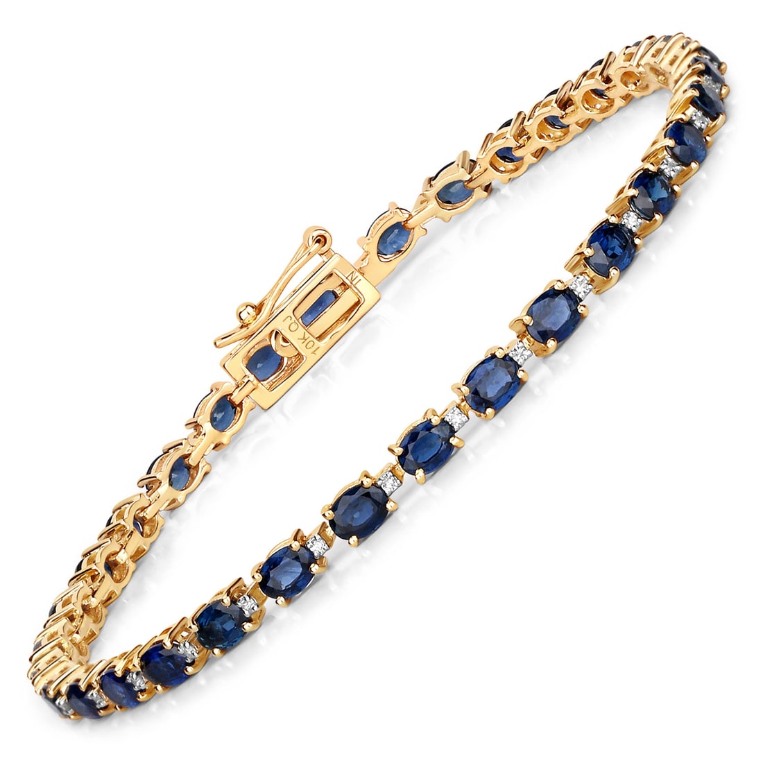 10KT Yellow Gold 6.08ctw Sapphire and Diamond Bracelet: This 10K yellow gold tennis bracelet is a celebration of timeless luxury, blending the deep allure of natural blue sapphires with the sparkle of untreated white diamonds. With 64 stones totaling 6.25 