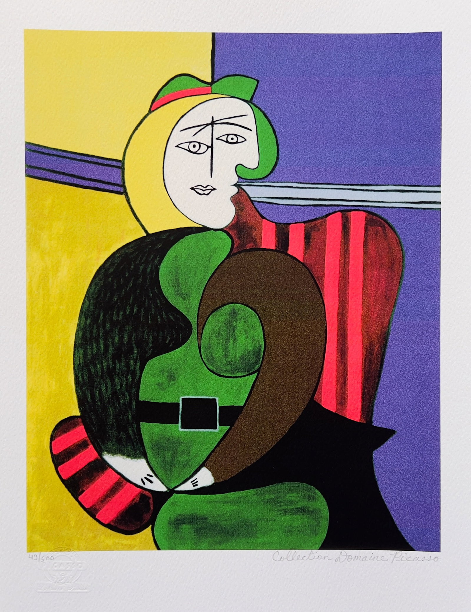Pablo Picasso WOMAN IN RED ARMCHAIR Estate Signed Limited Edition Giclee: This is a PABLO PICASSO (ESTATE COLLECTION DOMAINE) small limited edition giclee titled WOMAN IN RED ARMCHAIR. This piece is pencil signed on the lower right as Collection Domaine Picasso and has an e