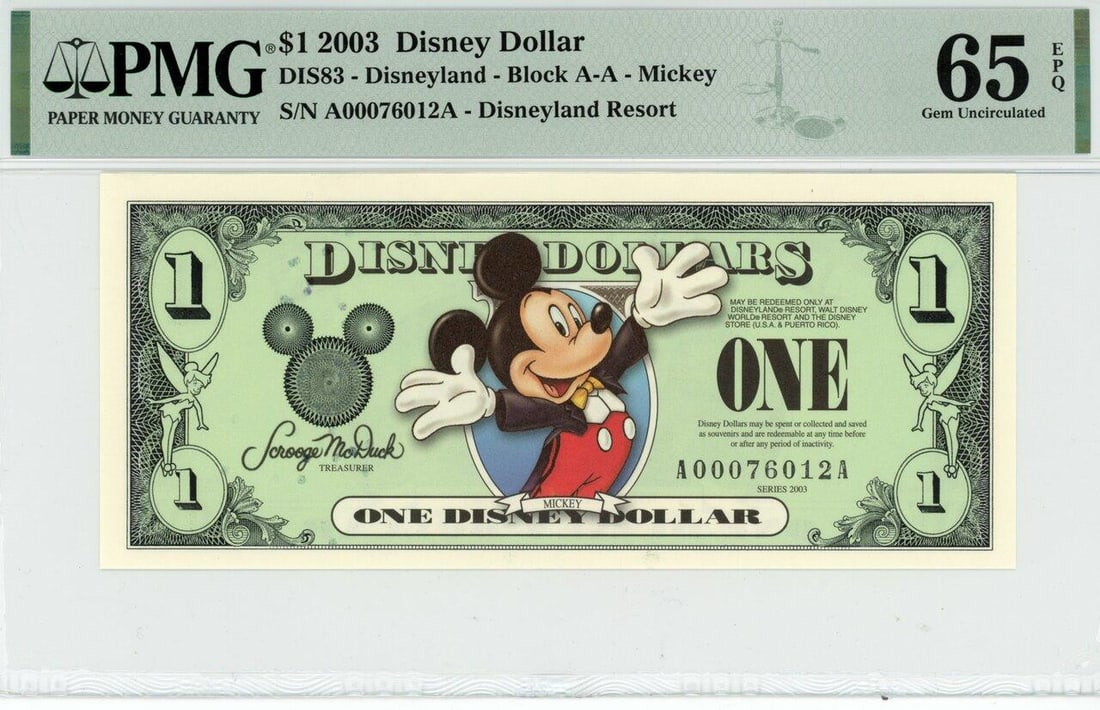2003 $1 Mickey Disney Dollar PMG 65EPQ: One 2003 $1 Mickey Disney Dollar PMG 65EPQ.