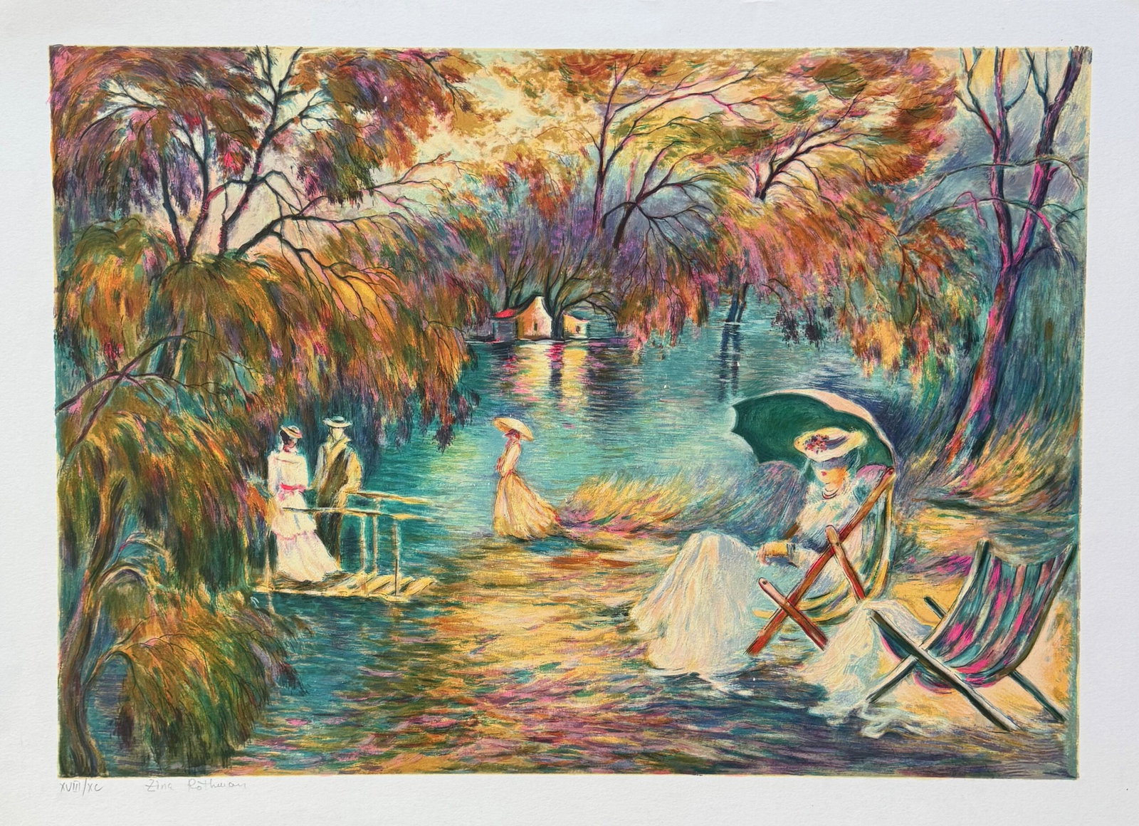 Zina Roitman SUNSET ON THE LAKE Hand Signed Limited Edition Serigraph: This is a hand signed serigraph by Zina Roitman titled SUNSET ON THE LAKE. Beautiful art piece on extra thick deluxe paper. Image measures: 18 inches x 25.5 inches. Paper measures 21 inches x 30?. Han