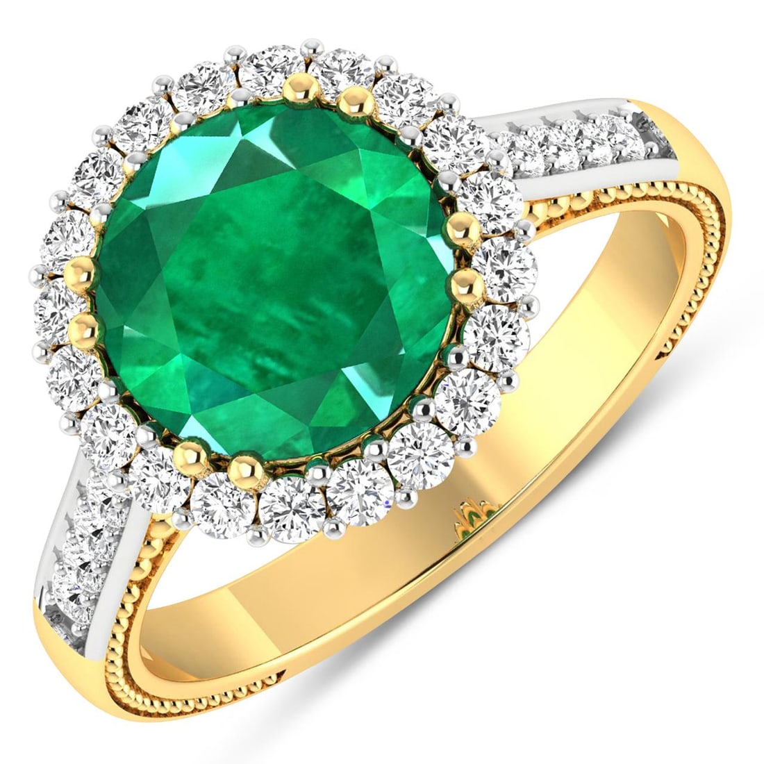 14KT Yellow Gold 2.75ctw Zambian Emerald and Diamond Ring: Zambian Emerald (AA) Round 9.00mm - 1Pc + White Diamond F/C Round 1.90mm - 4Pcs + White Diamond F/C Round 1.60mm - 16Pcs + White Diamond F/C Round 1.40mm - 10Pcs ( White Pan Rhodium ) ( SI-2/HI ) Tota