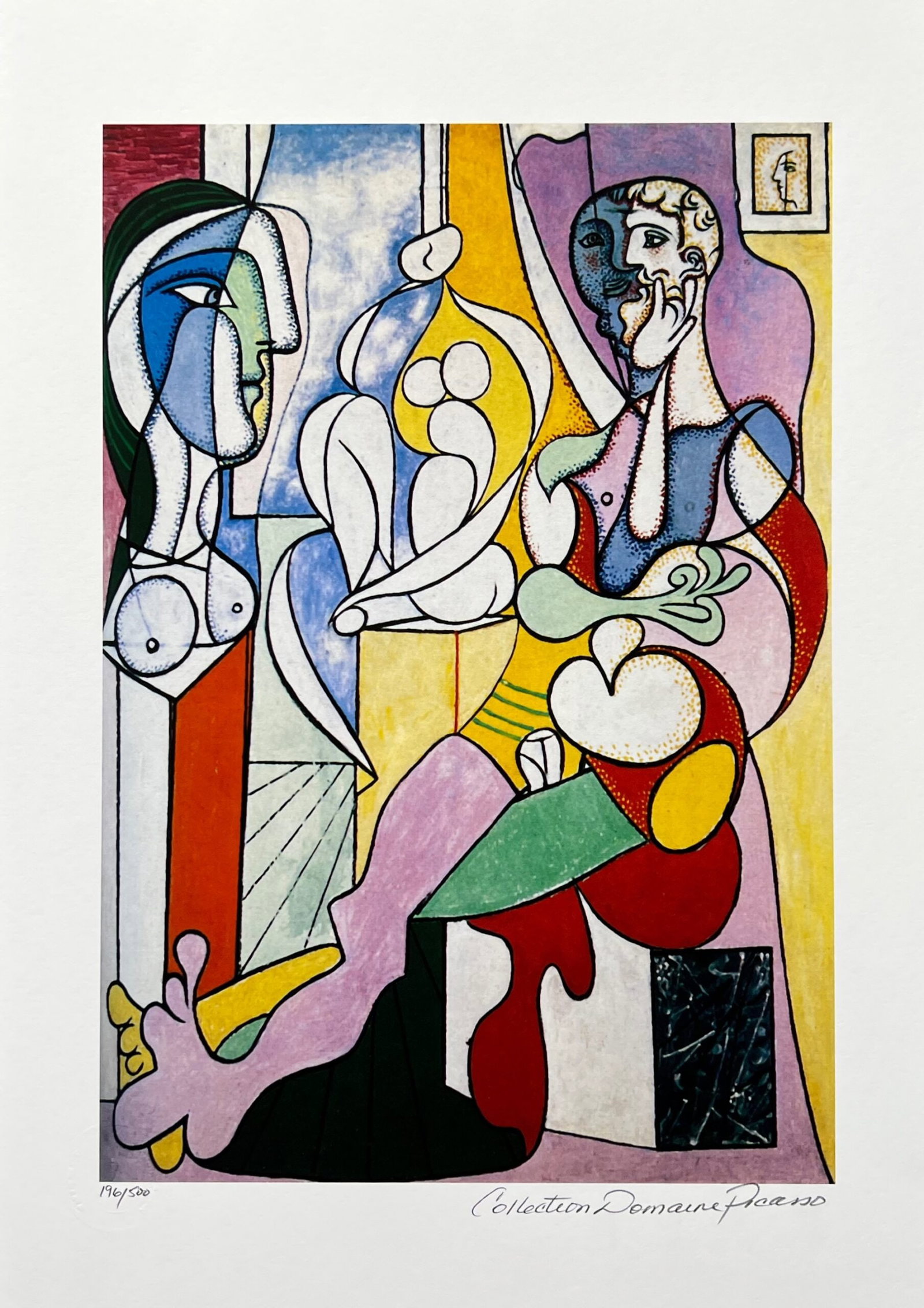 Pablo Picasso ARTIST WITH SCULPTURE Estate Signed Limited Edition Giclee: This is a PABLO PICASSO (ESTATE COLLECTION DOMAINE) (1881-1973) giclee titled ARTIST WITH SCULPTURE.This piece is hand pencil signed on the lower right as Collection Domaine Picasso and has an embosse
