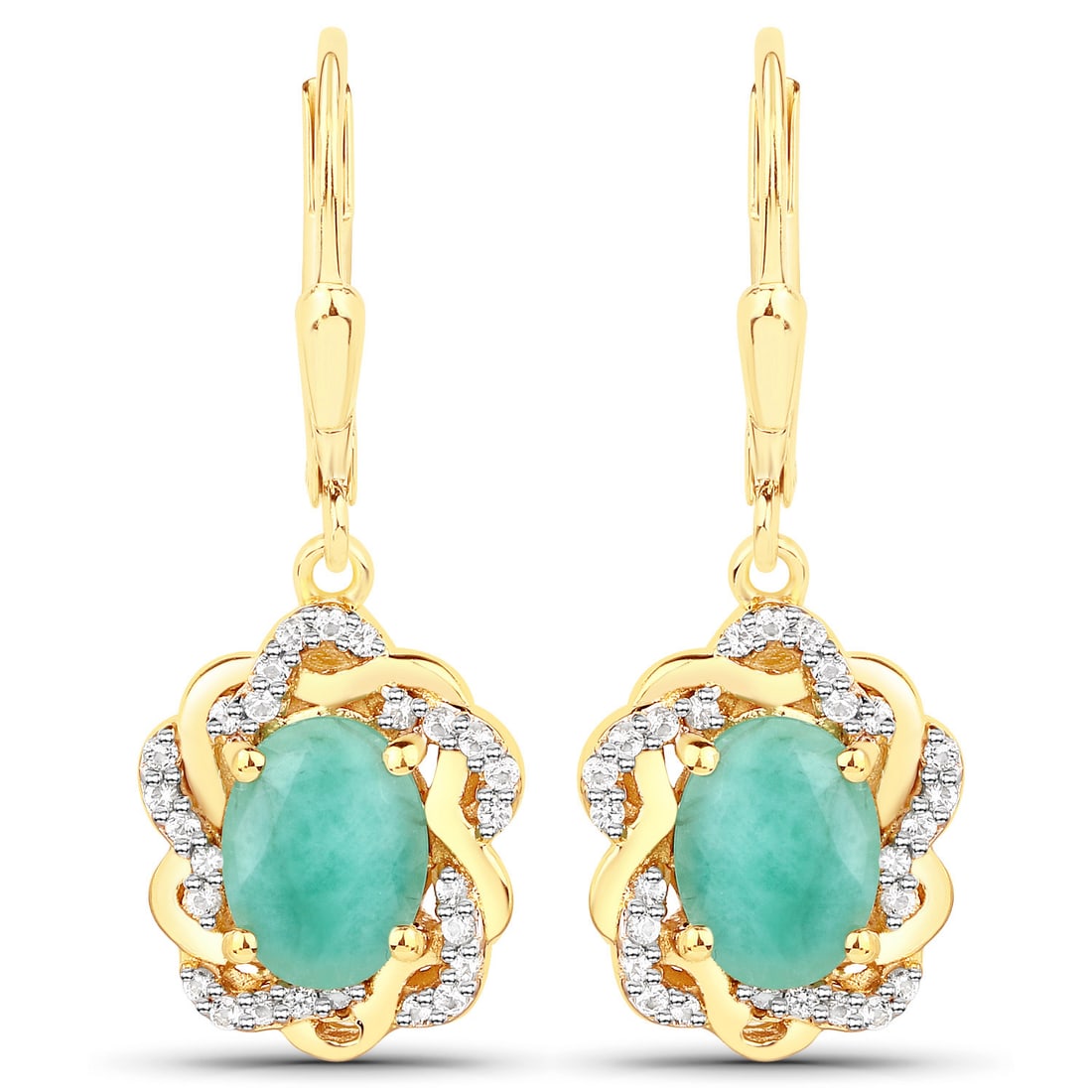 Plated 14KT Yellow Gold 2.36ctw Emerald and White Topaz Earrings: These 14K yellow gold?plated .925 sterling silver dangle earrings showcase 2.36 ctw of natural gemstones, led by two 8?6 mm oval emeralds totaling 2.10 ctw, traditionally oiled for clarity and set in 