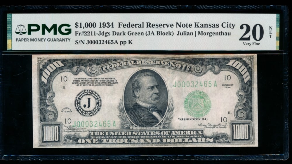 1934 $1000 Kansas City FRN PMG 20NET: One 1934 $1000 Kansas City FRN PMG 20NET.