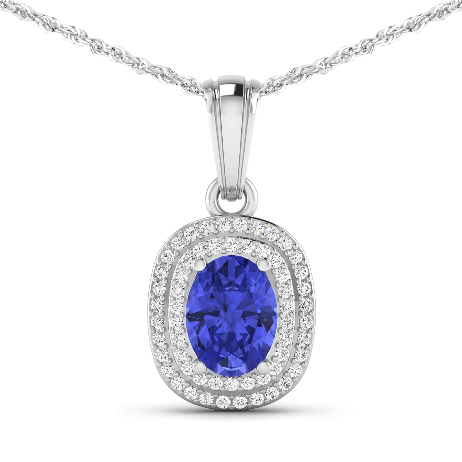 14KT White Gold 1.09ct Tanzanite and Diamond Pendant with Chain: (1) Oval Tanzanite stone with a total weight of 1.09cts. (58) round Diamonds with a total weight of 0.26cts with a color of (i) and a clarity of i1-i2. Total weight of this pendant with chain is 2.90 