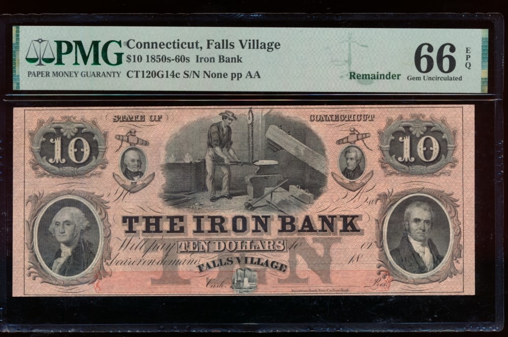 1850s $10 Falls Village CT Obsolete PMG 66EPQ (1 of 2)