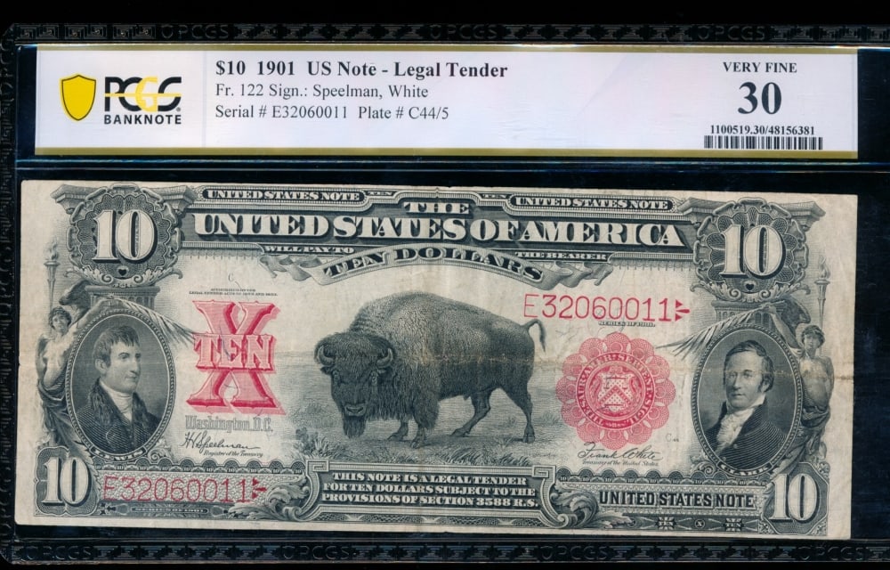 1901 $10 Bison Legal Tender Note PCGS 30: One 1901 $10 Bison Legal Tender Note PCGS 30.