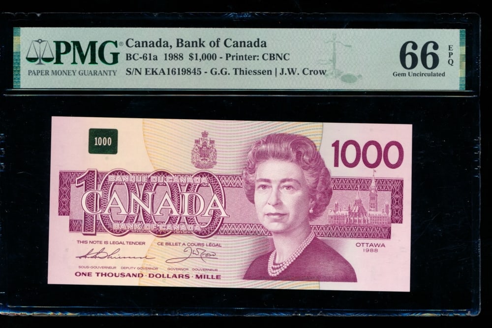 1988 $1000 Bank of Canada Note PMG 66EPQ: One 1988 $1000 Bank of Canada Note PMG 66EPQ.
