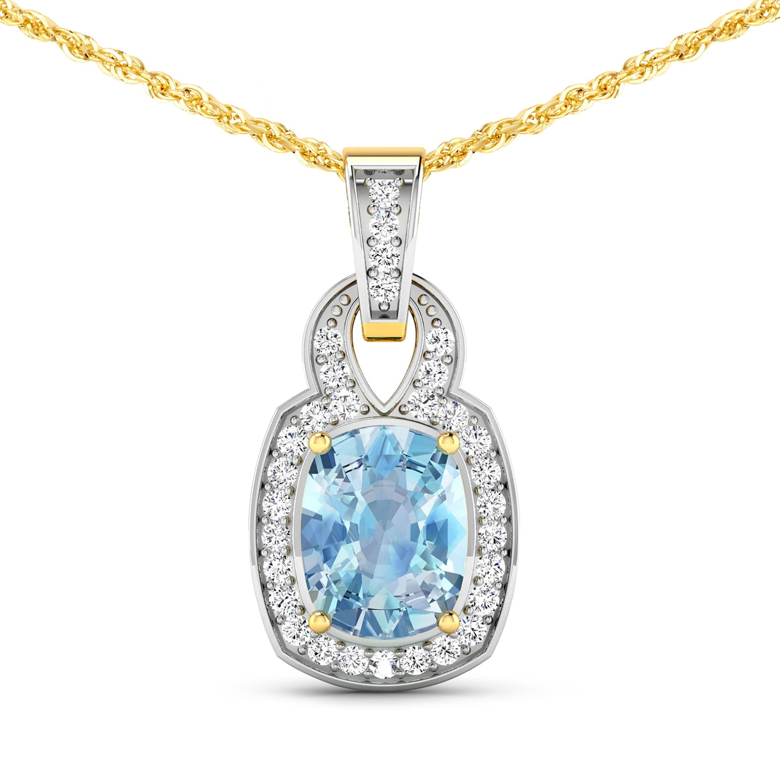 14KT Yellow Gold 1.65ctw Aquamarine and Diamond Pendant: Aquamarine (AA+) Cushion 9x7mm - 1Pc + White Diamond F/C Round 1.20mm - 31Pcs ( White Pan Rhodium ) ( SI2/HI color ) Total weight of gemstone is 1.65cts. Total Diamond weight is 0.25cts. Total weight 
