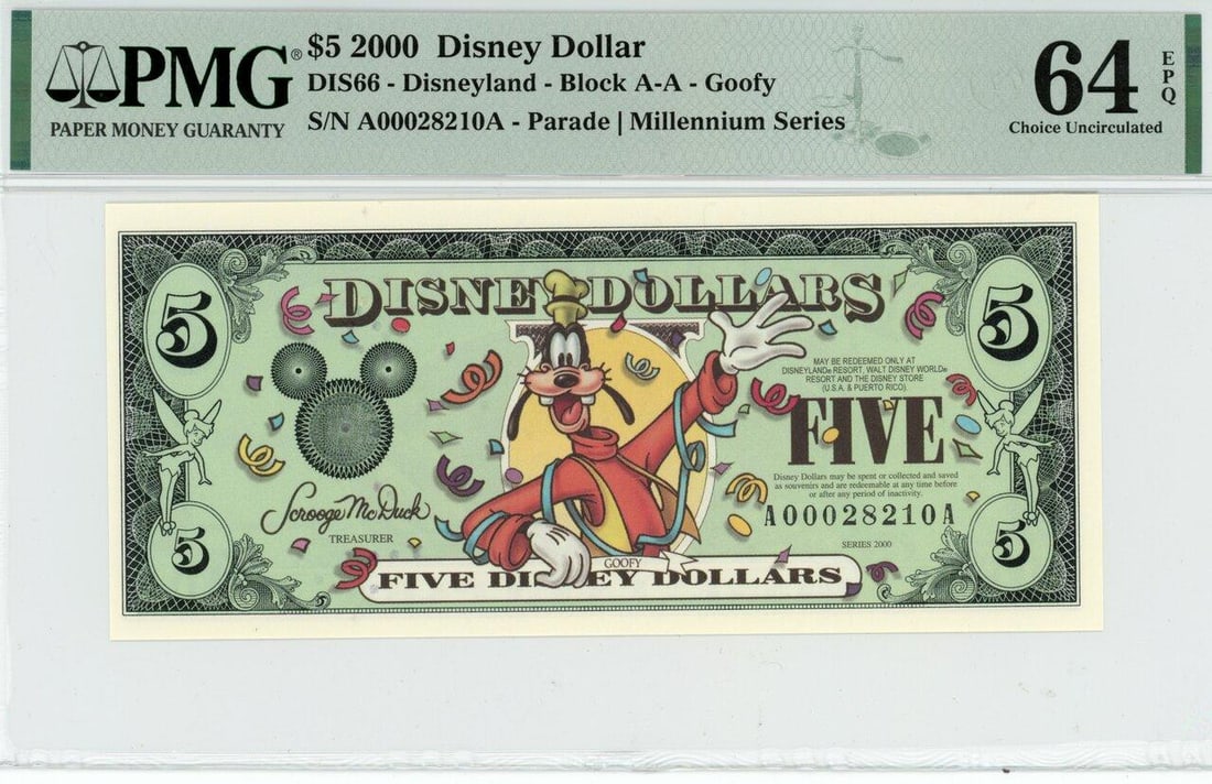 2000 $5 Goofy Millennium Disney Dollar PMG 64EPQ (1 of 2)