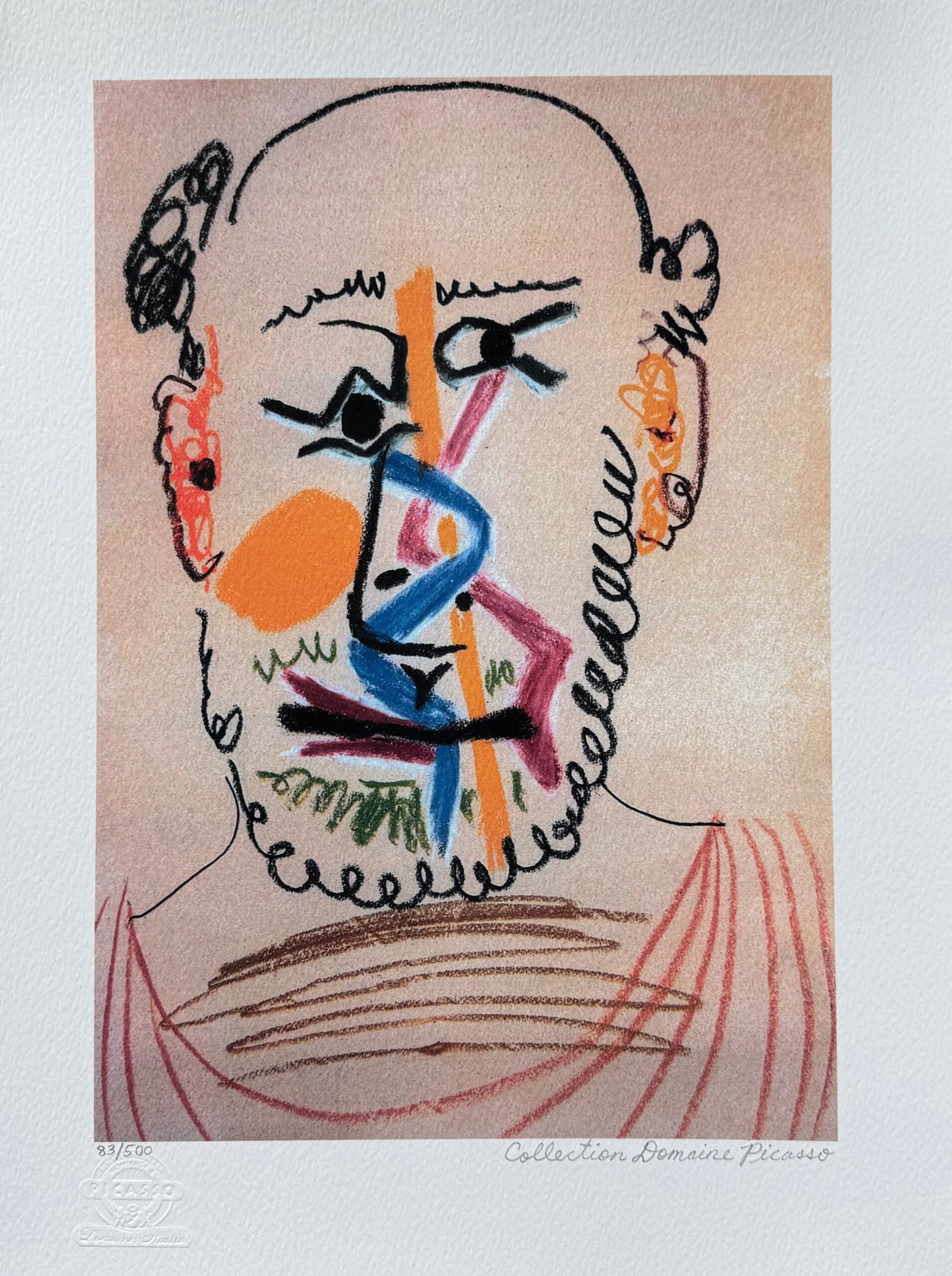 Pablo Picasso HALF BALD MAN WITH BEARD Estate Signed Limited Edition Giclee: This is a PABLO PICASSO (ESTATE COLLECTION DOMAINE) (1881-1973) giclee titled HALF BALD MAN WITH BEARD. This piece is hand pencil signed on the lower right as Collection Domaine Picasso and has an emb