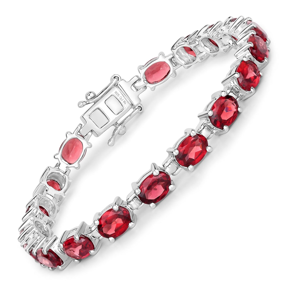 Plated Rhodium 15.30ctw Garnet Bracelet: This rhodium?plated .925 sterling silver tennis bracelet showcases an impressive 15.30 ctw of natural, untreated garnet, featuring eighteen 7?5 mm oval stones set in secure prongs for rich, fiery red 