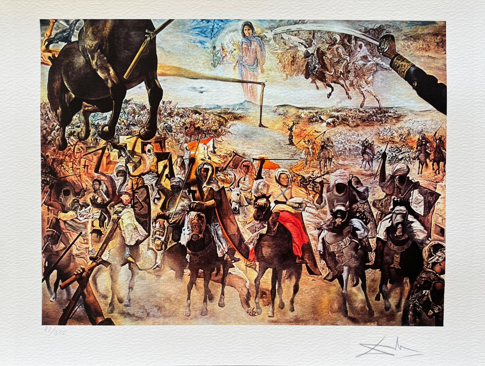 Salvador Dali BATTLE OF TETUAN Signed Limited Edition Giclee: This is a limited edition giclee titled Battle of Tetuan by Salvador Dali. This subject is facsimile signed on the lower right which means it bears a copy of Salvador Dalis signature. Pencil numbered 