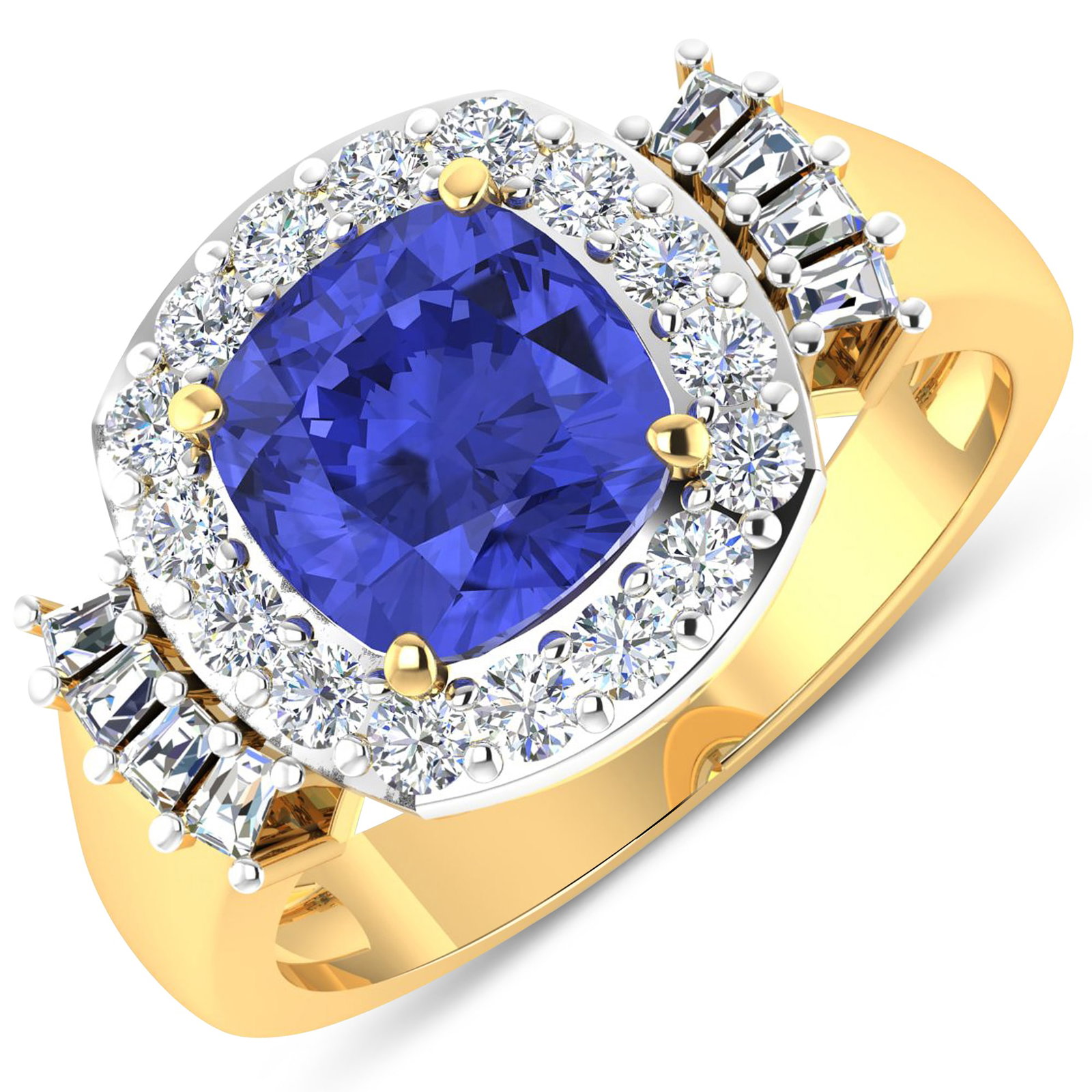 14KT Yellow Gold 1.99ct Tanzanite and Diamond Ring: Tanzanite (AA+) Cushion 8.00mm - 1Pc + White Diamond Tapper Baguette 2.00x1.50x1.10mm - 8Pcs + White Diamond F/C Round 2.00mm - 16Pcs ( White Pan Rhodium ) ( Diamond Quality : SI-2/HI ). Total weight 