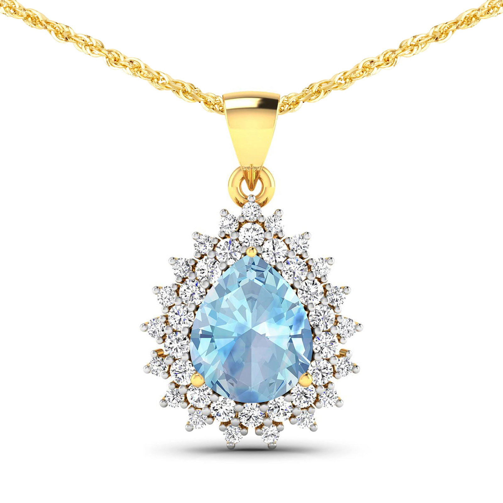 14KT Yellow Gold 2.3ctw Aquamarine and Diamond Pendant: Aquamarine Pears 11x9mm - 1Pc + White Diamond F/C Round 2.00mm - 18Pcs + White Diamond F/C Round 1.50mm - 19Pcs ( Diamond Quality : SI-2/HI ) Total weight of gemstone is 2.3cts. Total Diamond weight