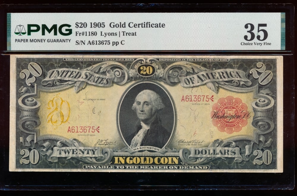 1905 $20 Technicolor Gold Certificate PMG 35: One 1905 $20 Technicolor Gold Certificate PMG 35.