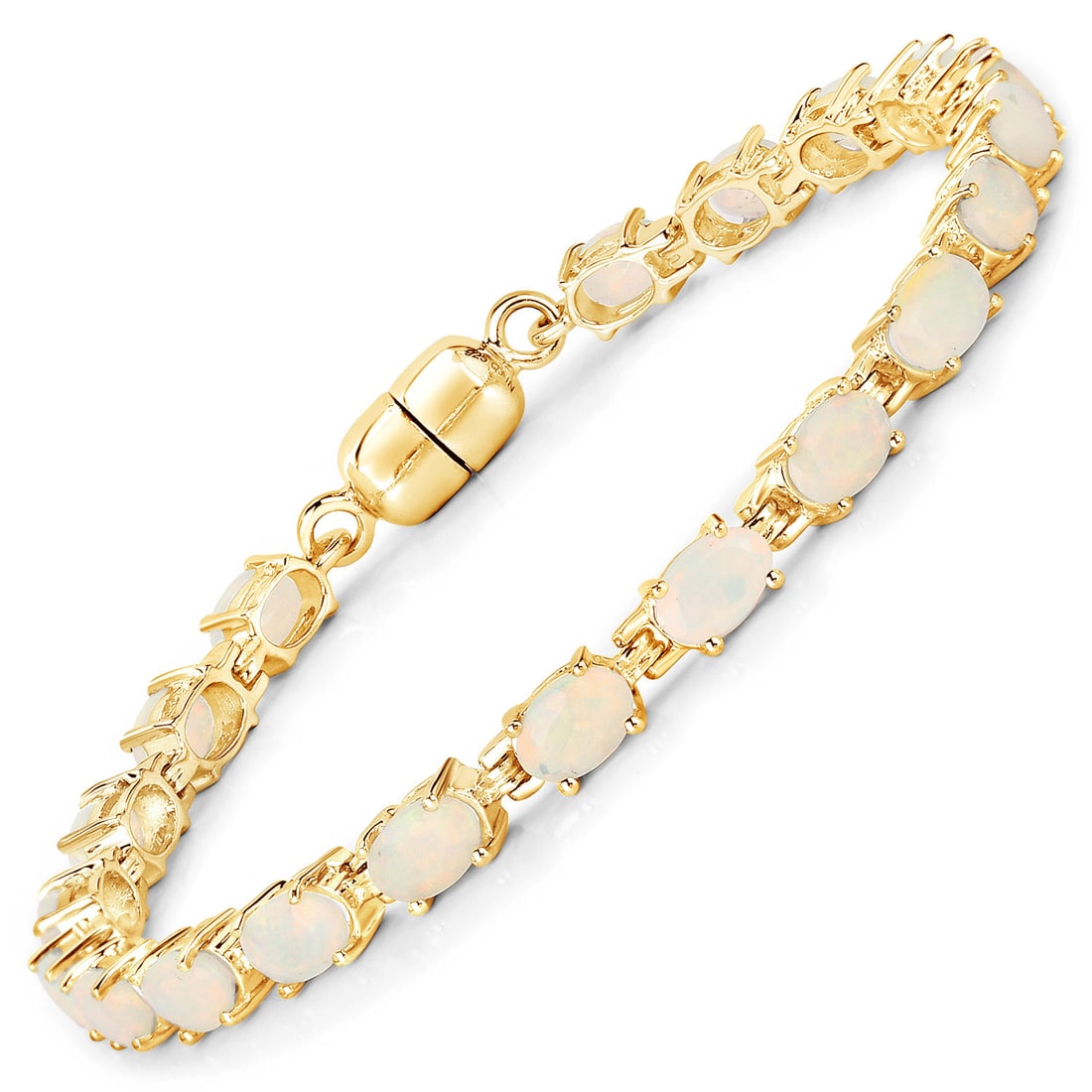 Plated 14KT Yellow Gold 5.28ctw Ethiopian Opal Bracelet: This 14K yellow gold plated .925 sterling silver tennis bracelet features twenty two natural Ethiopian opals, each measuring 6x4mm and prong set to showcase their luminous play of color, totaling 5.28