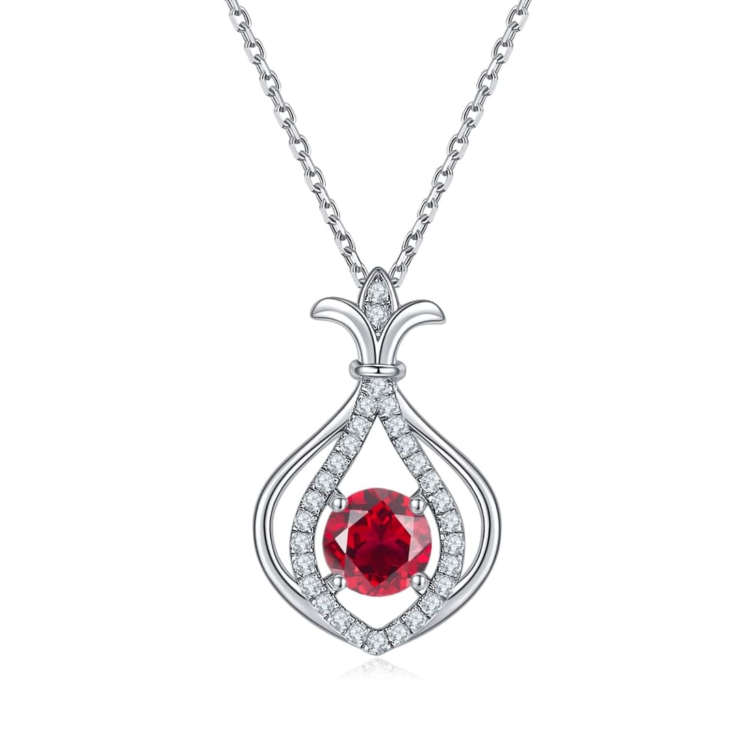 Gorgeous VVS1 Lab Created Ruby Pendant: Ladies Beautiful Lab Created Burma Ruby Pendant. This fine lab ruby is a near flawless 1ct brilliant round cut. Mounted in stamped .925 solid sterling silver. It is complimented by 14 Kt White Gold Ov