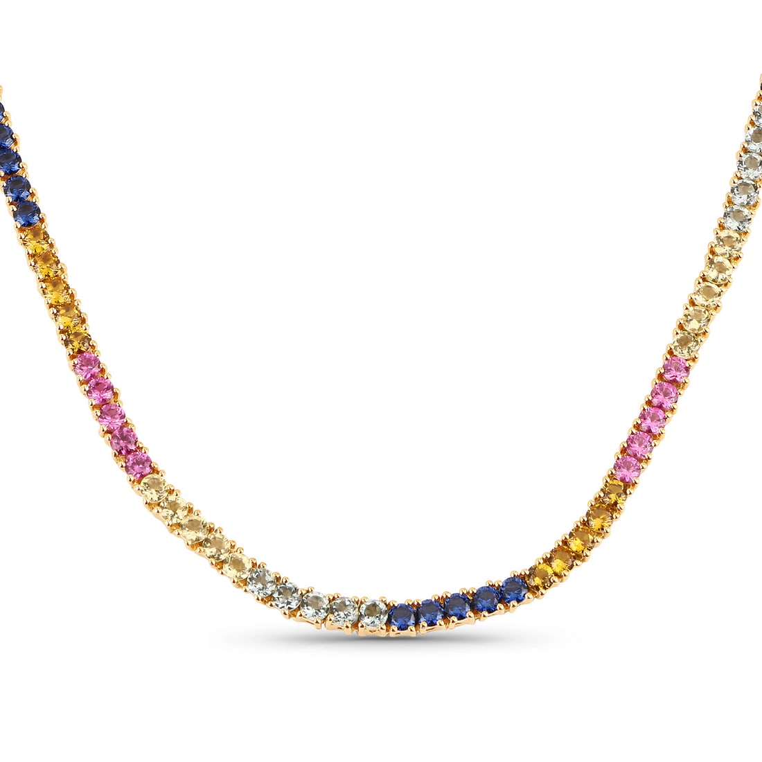 Plated 14KT Yellow Gold 11.65ctw Multi Color Sapphire Necklace: This 14K yellow gold plated .925 sterling silver necklace features an elegant line of 112 round created sapphires, each 3mm and prong set to form a continuous ribbon of rich September birthstone blue