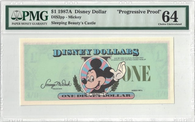 1987A $1 Mickey Disney Dollar PMG 64: One 1987A $1 Mickey Disney Dollar PMG 64.