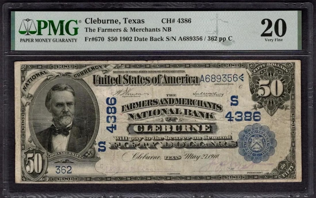 1902 $50 Cleburne TX National PMG 20: One 1902 $50 Cleburne TX National PMG 20.