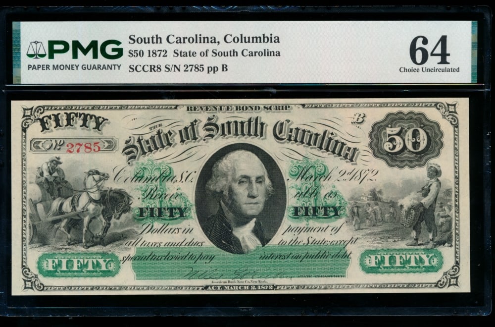 1872 $50 Columbia SC Obsolete PMG 64: One 1872 $50 Columbia SC Obsolete PMG 64.