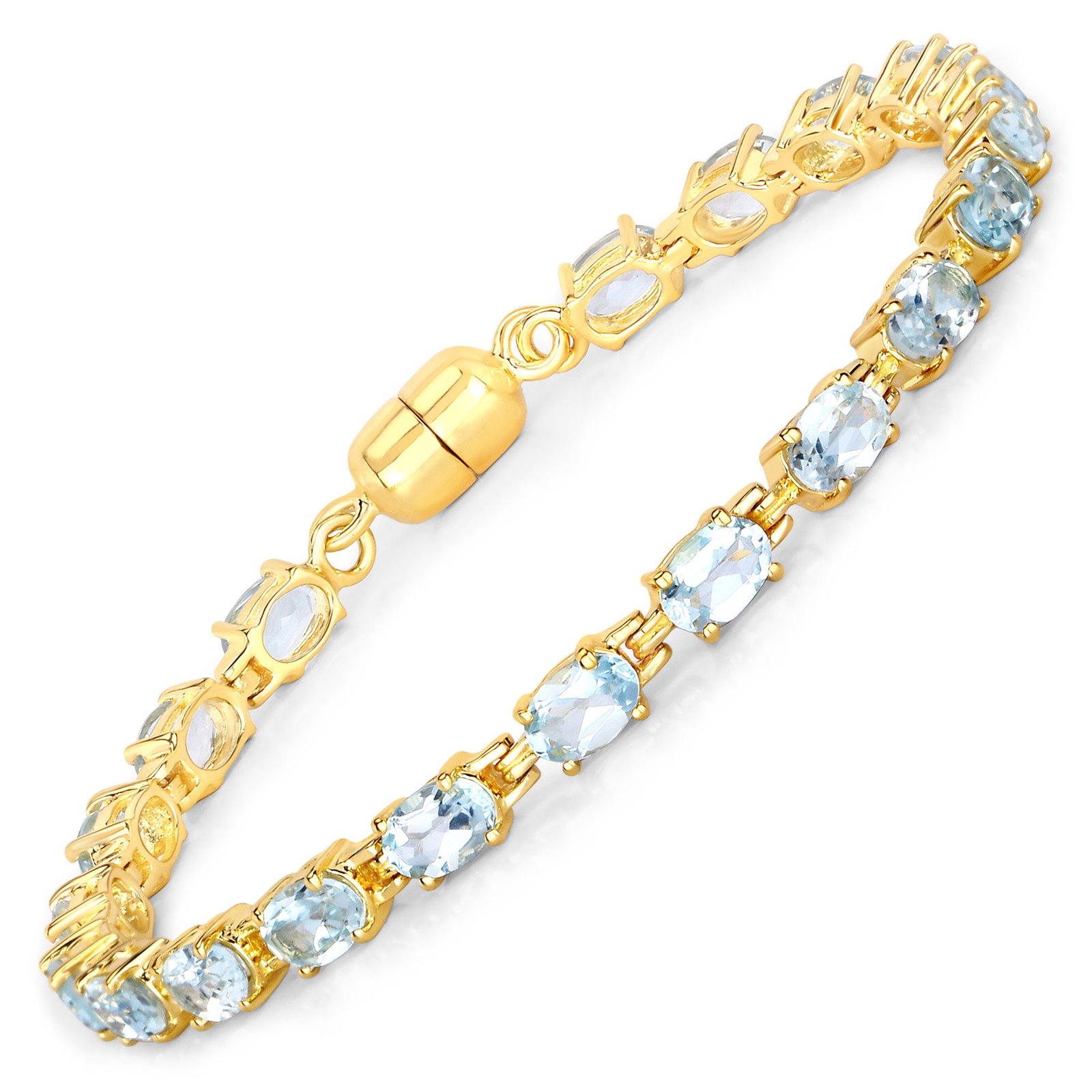 Plated 18KT Yellow Gold 10.20ctw Blue Topaz Bracelet: This 18K yellow gold plated .925 sterling silver tennis bracelet showcases twenty natural oval cut blue topaz stones, each measuring 6mm and prong set to highlight their vivid December birthstone colo