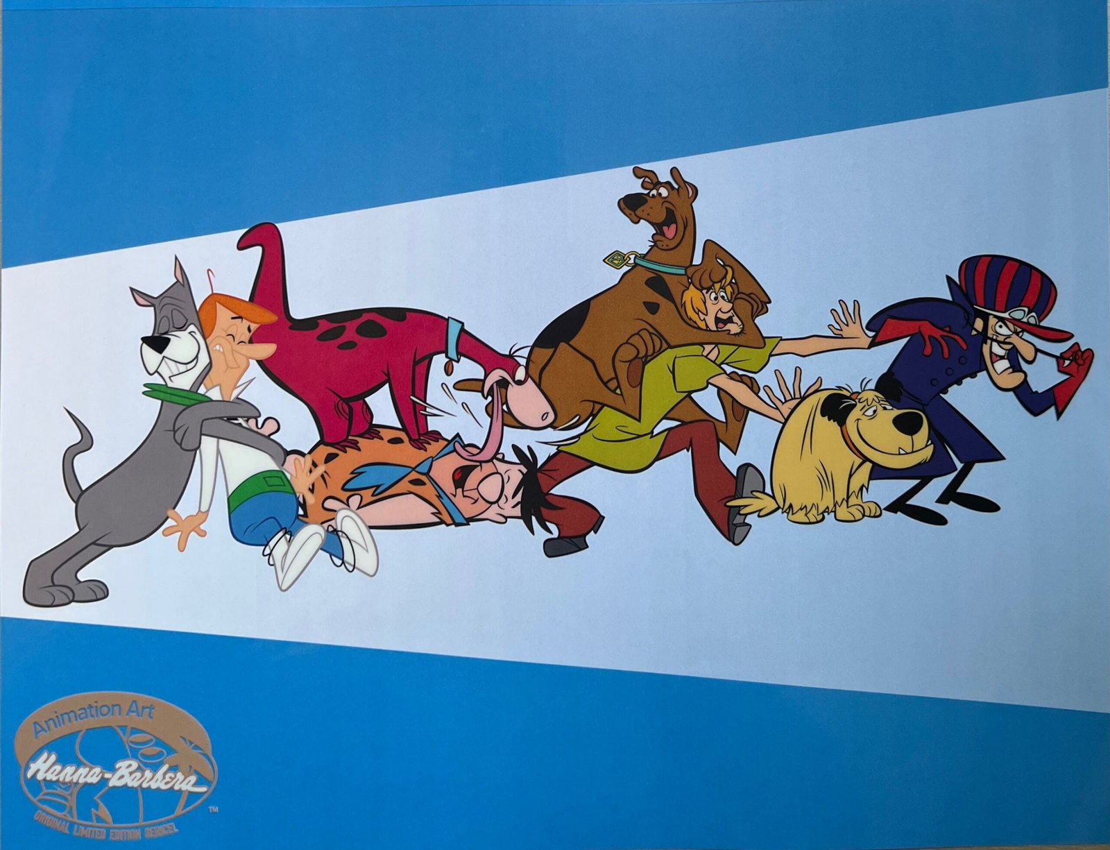 Man & His Dog Sericel Animation Art Cel Hanna Barbera Scooby-Doo Dino Astro Muttley: This is a limited edition Hanna Barbera sericel titled A Man and his Dog. This fantastic animation sericel features Dastardly & Muttley, Fred Flintstone & Dino, George Jetson & Astro and Shaggy & Scoo
