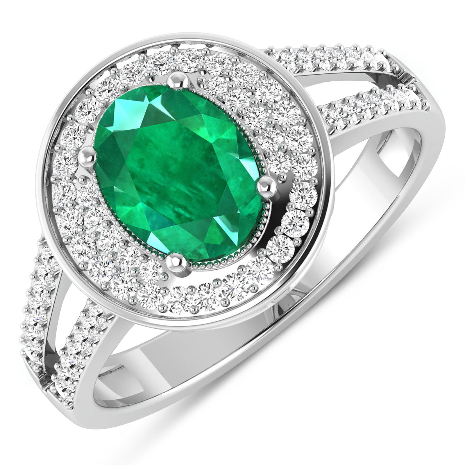 14KT White Gold 1ctw Zambian Emerald and Diamond Ring: Zambian Emerald (AA) Oval 8x6mm - 1Pc + White Diamond F/C Round 1.10mm - 24Pcs + White Diamond F/C Round 1.00mm - 40Pcs ( I1-I2/I color ) Total weight of gemstone is 1cts. Total Diamond weight is 0.34