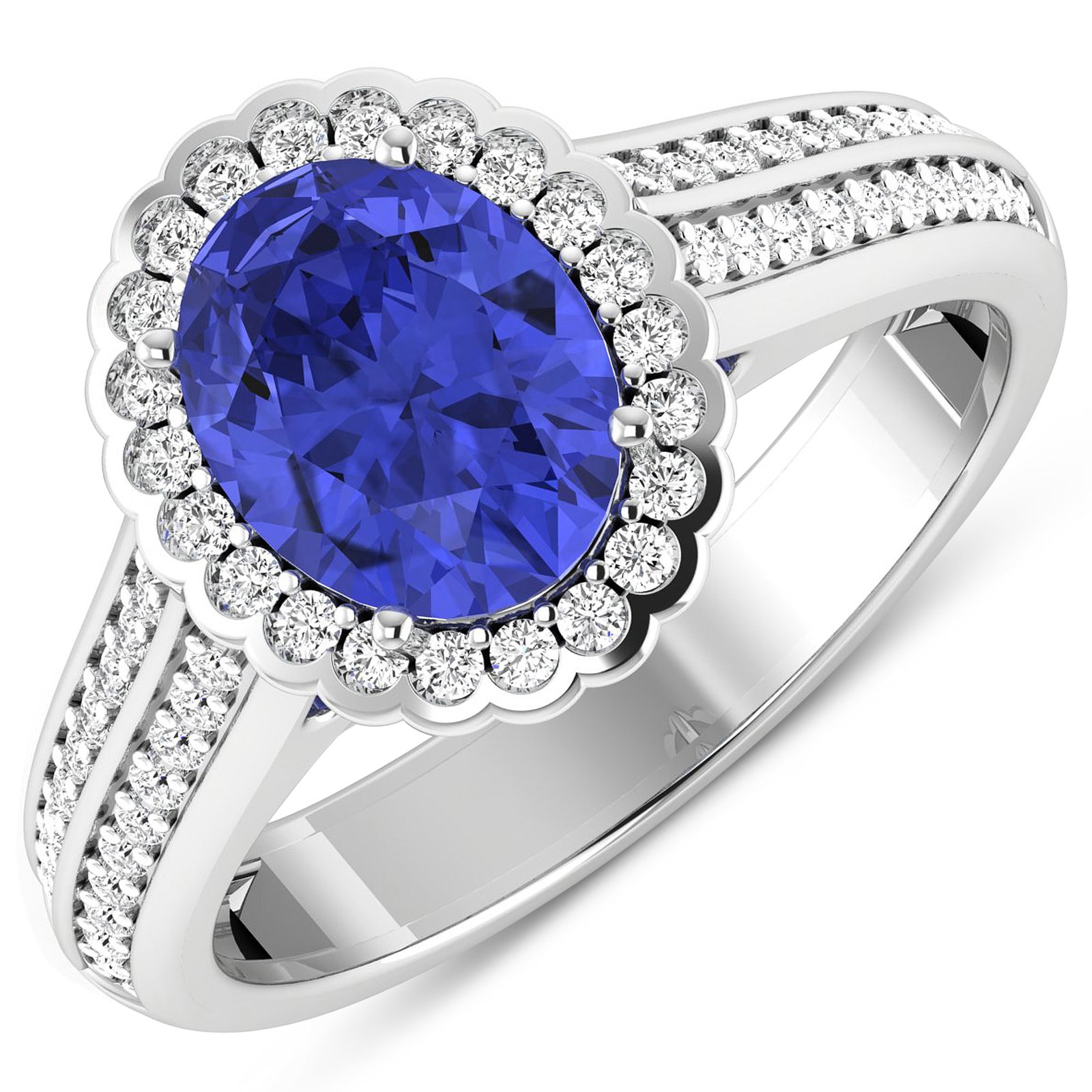 14KT White Gold 1.41ct Tanzanite and Diamond Ring: Tanzanite (AA+) Oval 9x7mm - 1Pc + White Diamond F/C Round 1.20mm - 30Pcs + White Diamond F/C Round 1.10mm - 20Pcs + White Diamond F/C Round 1.00mm - 12Pcs (I1-I2/I color). Total weight of gemstone is