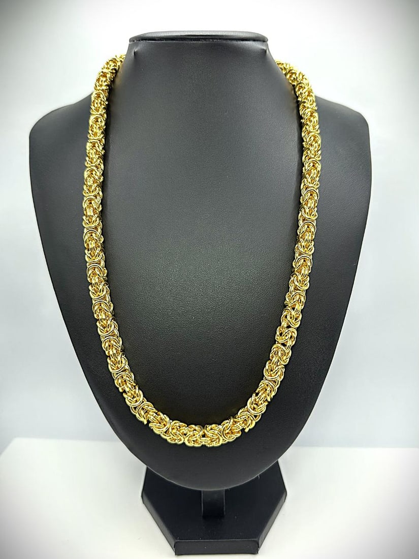 Huge 97.8 Gram 14 Kt. Gold Plated Byzantine Chain Necklace: Huge 97.8 Gram 14 Kt. Gold Plated Byzantine Chain Necklace. This Byzantine Chain Necklace Is A Fine Solid Diamond Cut. 20" Long and a Healthy 8 mm. Thick.
