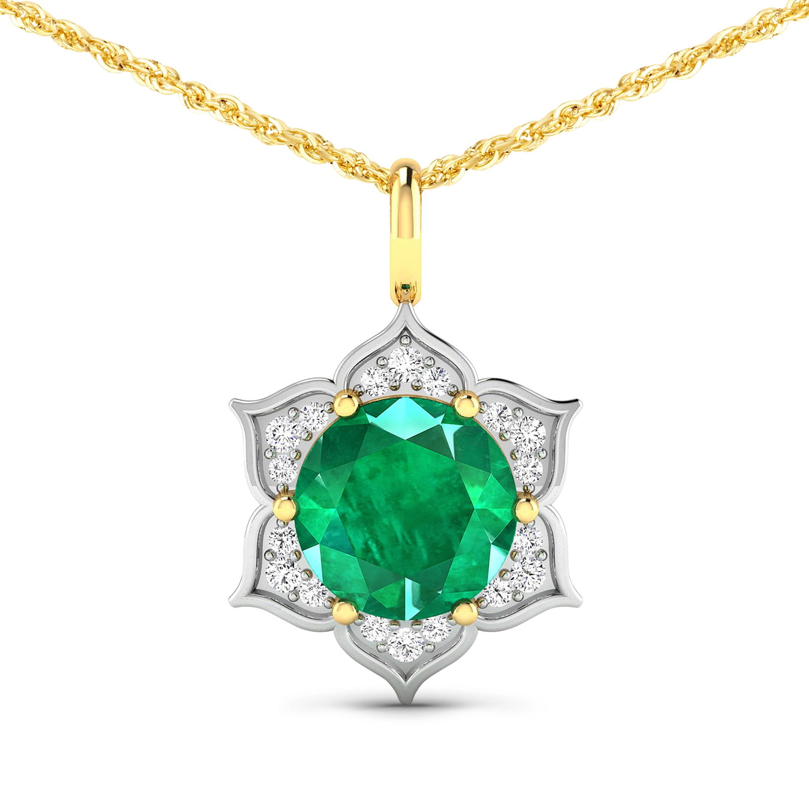 14KT Yellow Gold 1.8ctw Zambian Emerald and Diamond Pendant: Zambian Emerald (AA) Round 8.00mm - 1Pc + White Diamond F/C Round 1.30mm - 6Pcs + White Diamond F/C Round 1.10mm - 12Pcs ( White Pan Rhodium ) ( SI2/HI color ) Total weight of gemstone is 1.8cts. Tota