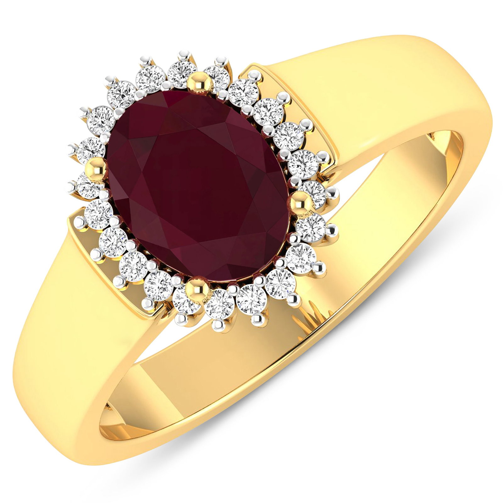 14KT Yellow Gold 1.5ct Ruby and Diamond Ring: Ruby (AA) Oval 8x6mm - 1Pc + White Diamond F/C Round 1.00mm - 22Pcs ( White Pan Rhodium ) (I1-I2/I color). Total weight of gemstone is 1.5cts. Total weight of Diamonds is 0.1cts. Total weight of this 