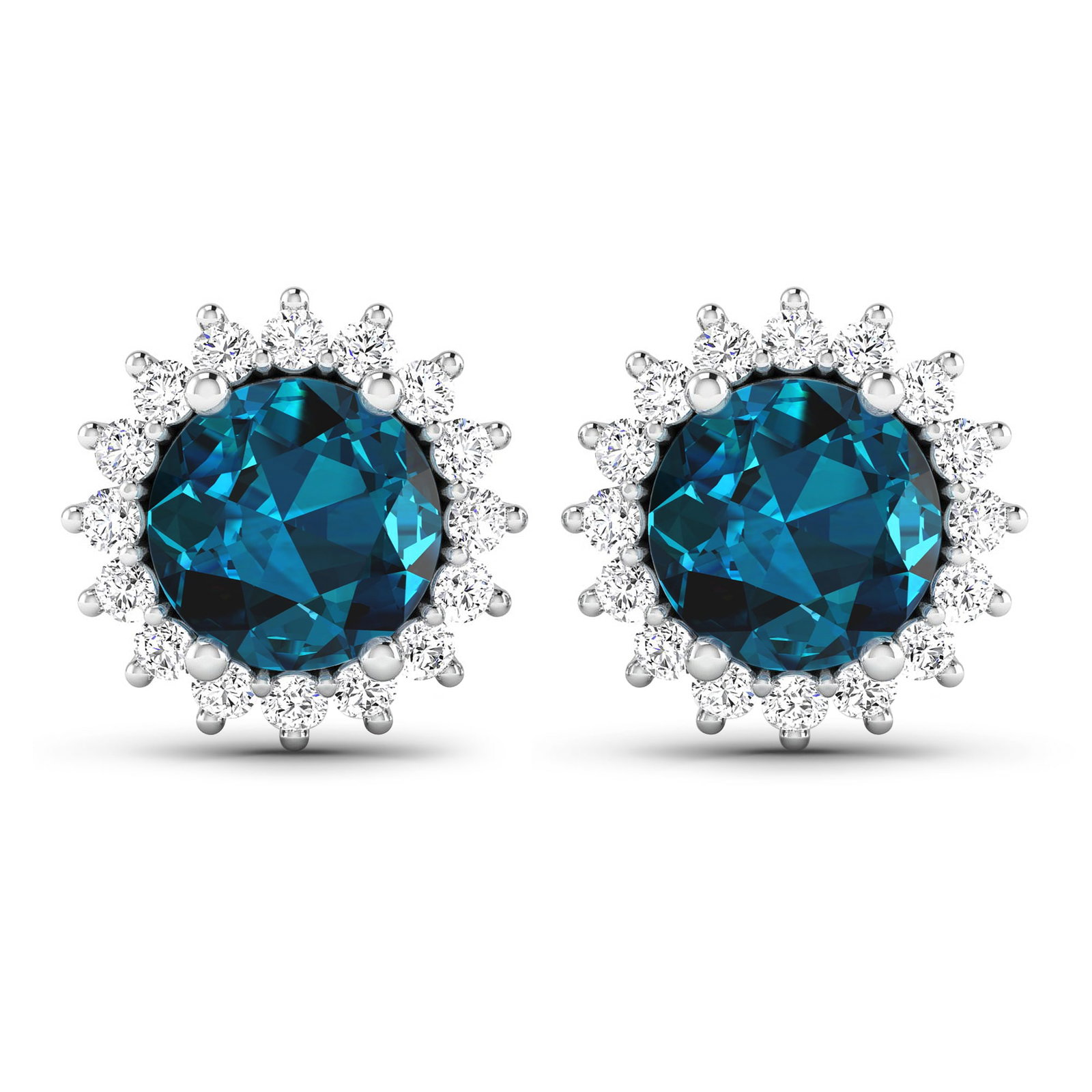 14KT White Gold 1.6ctw London Blue Topaz and Diamond Earrings: London Blue Topaz Round 6.00mm - 2Pcs + White Diamond F/C Round 1.30mm - 32Pcs ( Push-Post ) (I1-I2/I color) Total weight of gemstones is 1.6cts. Total Diamond weight is 0.32cts. Total weight of these