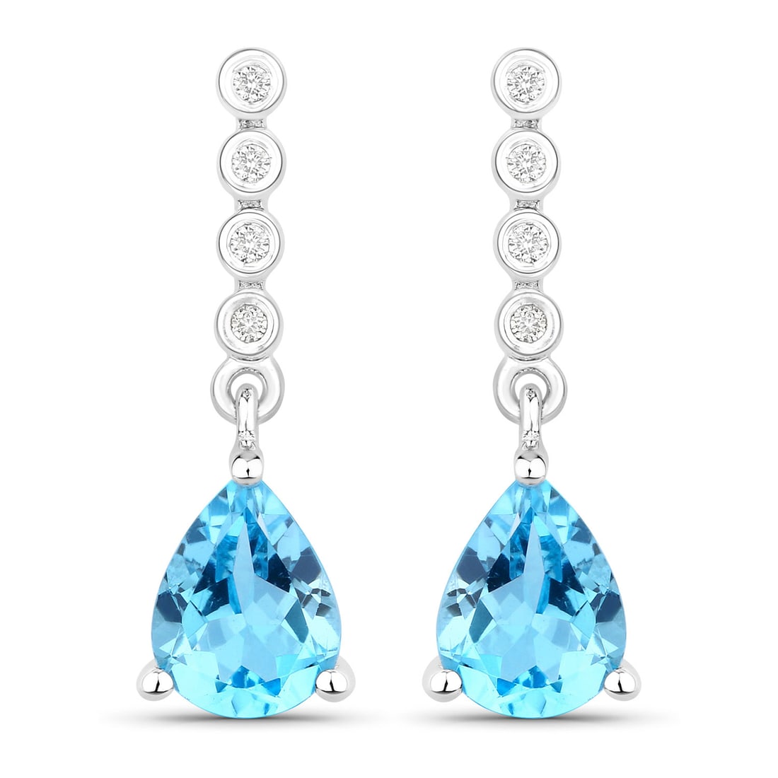 Plated Rhodium 2.30ctw Swiss Blue Topaz and Lab Diamond Earrings: Swiss Blue Topaz Pear/8x6mm - 2/2.30 ctw Prong Setting Natural Irradiated E + Lab Grown Diamond Round/1.20mm - 8/0.06 ctw