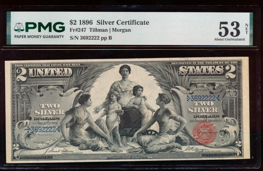 1896 $2 Educational Silver Certificate PMG 53NET: One 1896 $2 Educational Silver Certificate PMG 53NET.