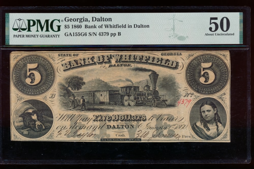 1860 $5 Dalton GA Obsolete Note PMG 50 (1 of 2)