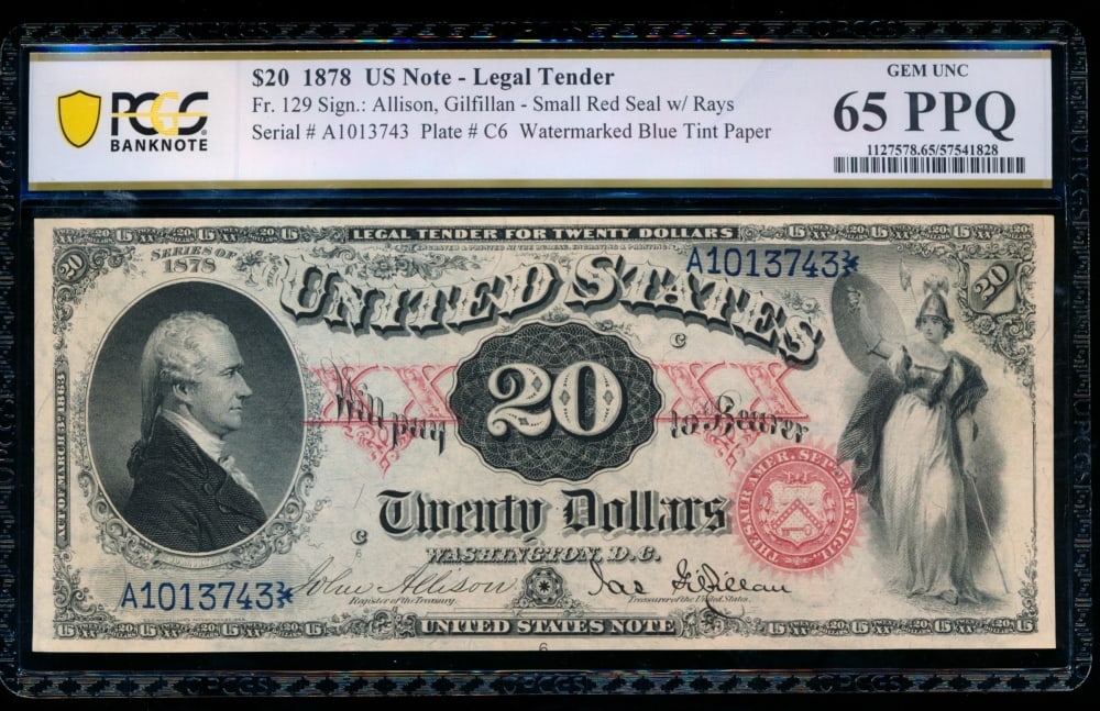 1878 $20 Legal Tender Note PCGS 65PPQ: One 1878 $20 Legal Tender Note PCGS 65PPQ.